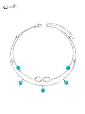 S925 Sterling Silver Turquoise Beaded Heart Charm Anklet Adjustable Women's